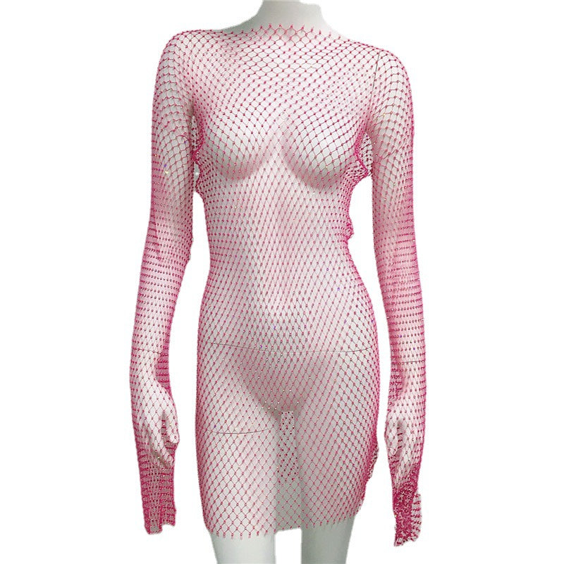 Women's Dress Rhinestone Fishnet Sexy Hot Long Sleeve Hollow Dresses