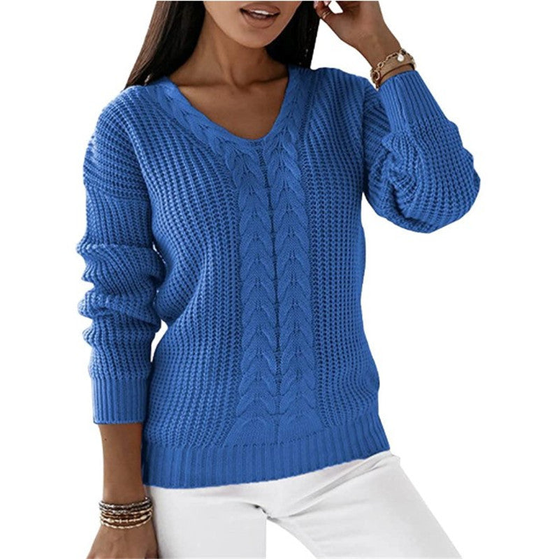 Women's Long Sleeve V-neck Solid Color Twist Casual Sweaters