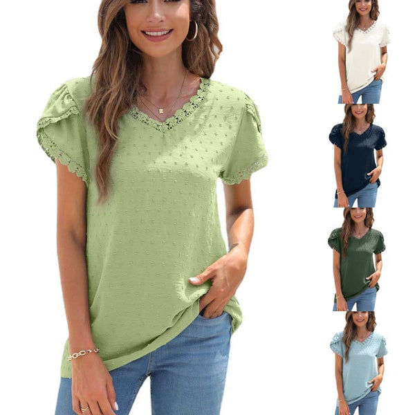 Women's Shirt Solid Color Stitching Petal Sleeve V-neck Tops