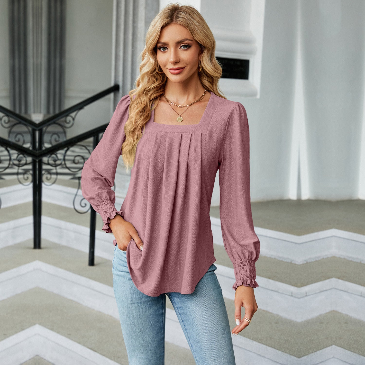 Women's Pleated Square Collar Long Sleeve Swallowtail Blouses