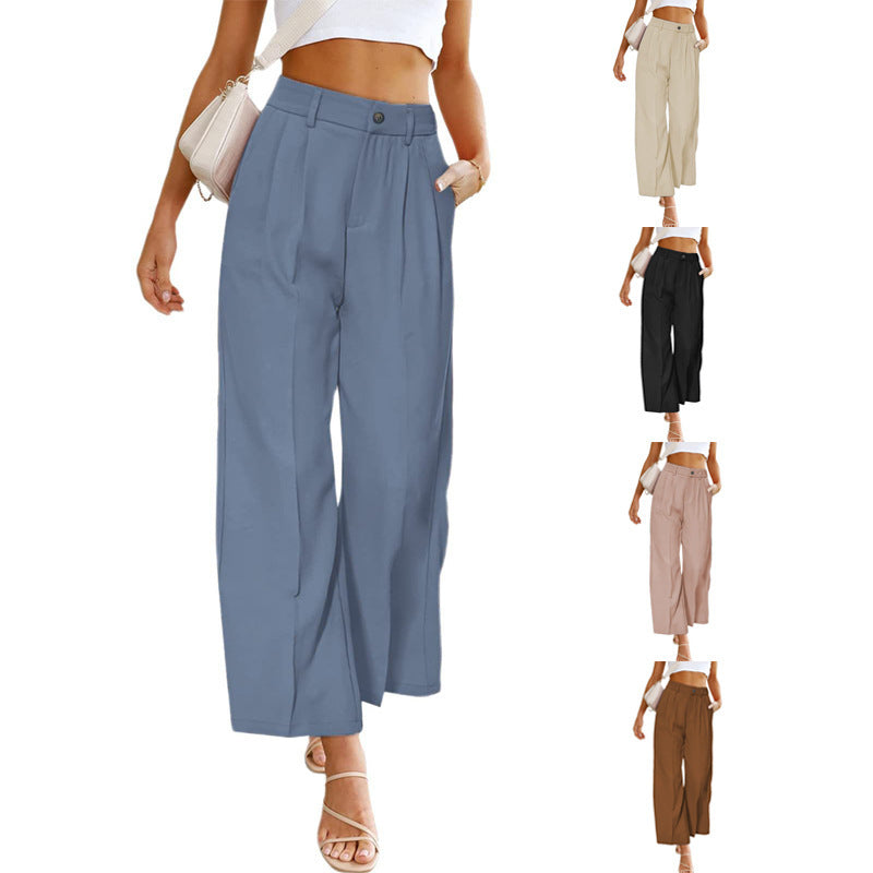 Women's Wide-leg Cropped High Waist Button Strip Pants