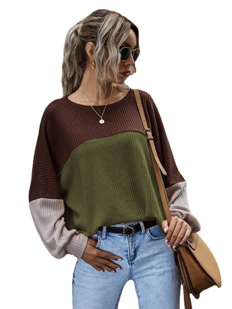 Women's Color Patchwork Long Sleeve Casual Tops