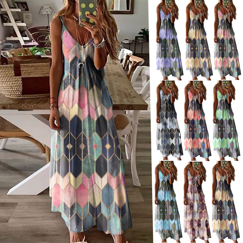 Women's Summer Casual Printed Camisole Long Dress Dresses