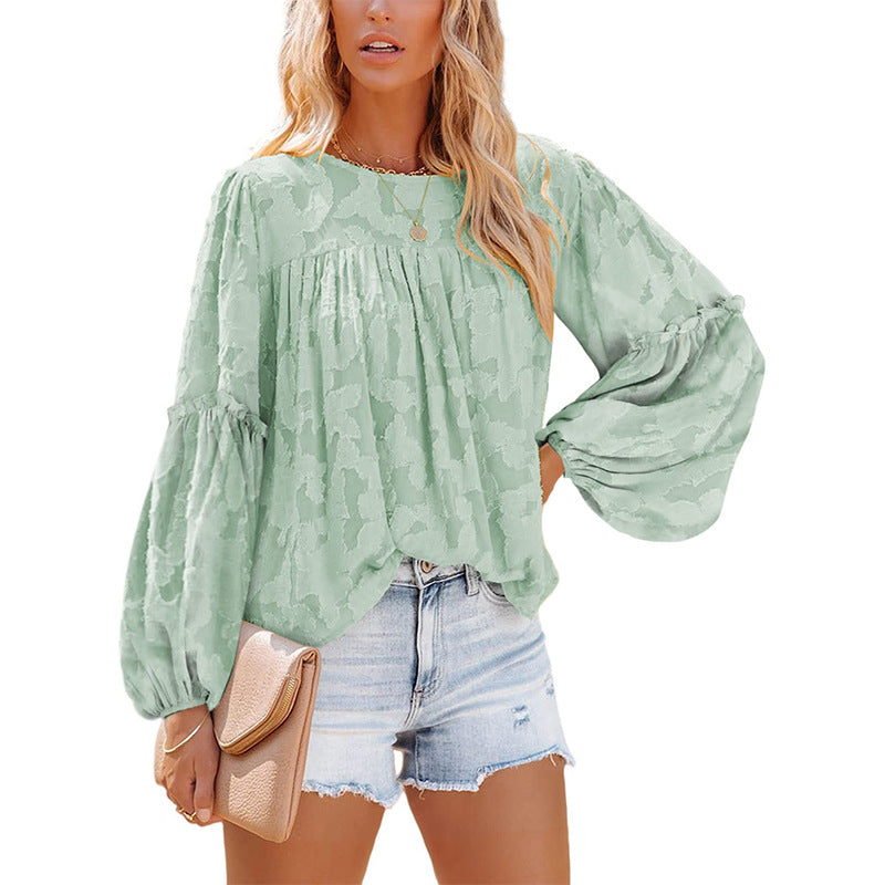 Women's Lantern Sleeve Round Neck Floral Pleating Shirt Tops