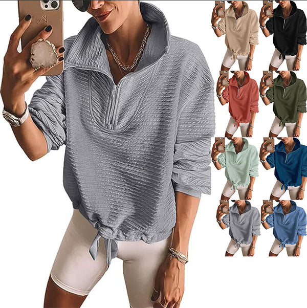 Women's Casual Sweatshirt Zipper Sports Fashion Polo Collar Drawstring Loose Sweaters