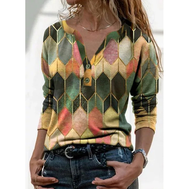 Women's Long Sleeve Printed V-neck Pullover Loose Blouses