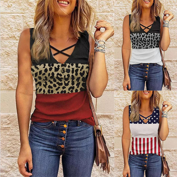 Women's Slouchy Summer Leopard Splicing V-neck Tops