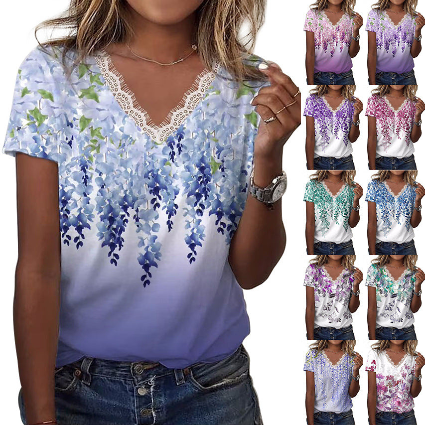 Women's Summer Loose Printed V-neck Ruffled Sleeves Blouses