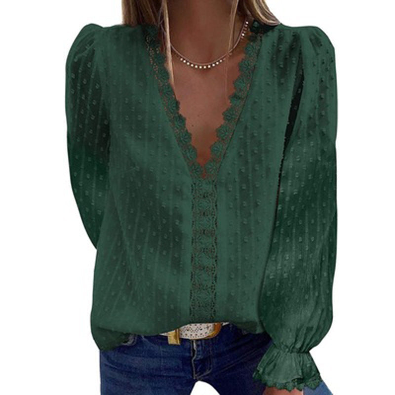 Deep V-neck Embroidered Ruffled Sleeves Front Blouses