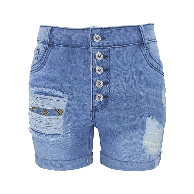 Klassische Damen-Sommer-Patchwork-Jeans mit lockerer Stickerei