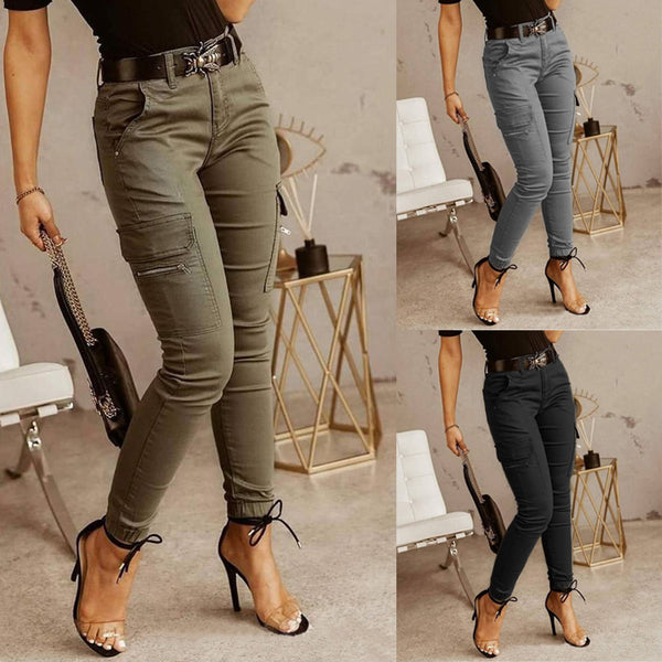 Women's Low Waist Button Solid Color Pocket Pants