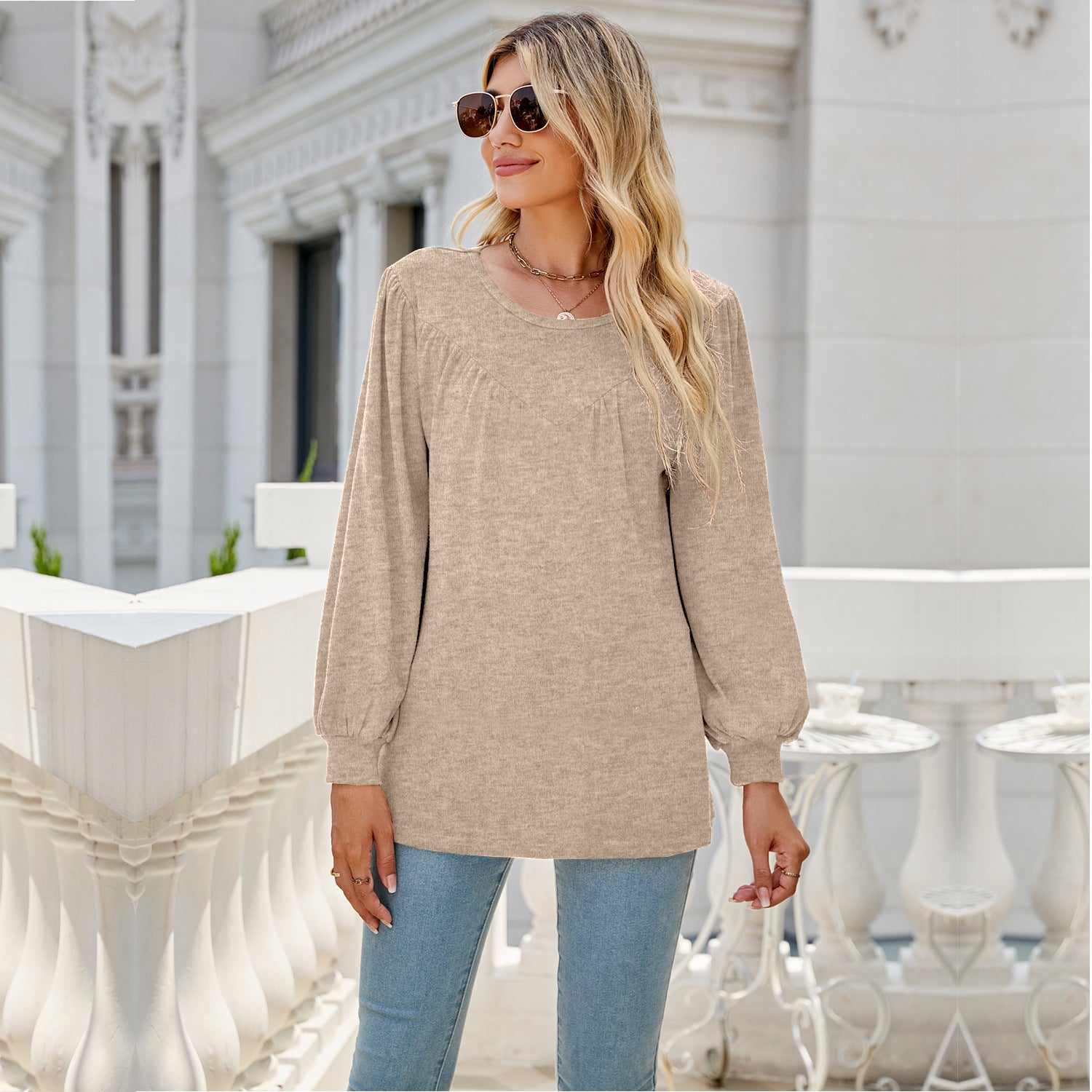 Women's Lantern Sleeve Loose Round Neck T-shirt Casual Blouses