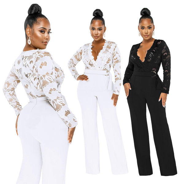 Mode Sexy Casual Slim V-Ausschnitt Spitze Jumpsuits