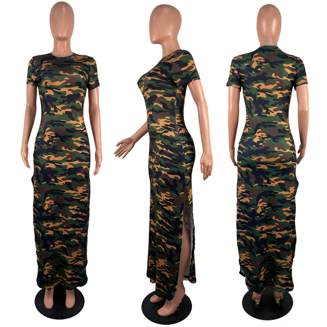 Women's Camouflage Print Slim Fit Side Slit Dresses