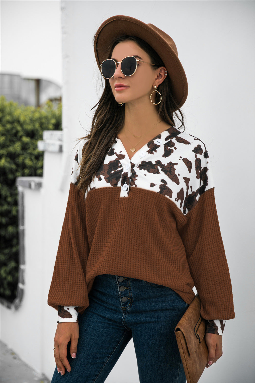 Women's Printed Stitching Loose Casual Leopard Button Long Blouses