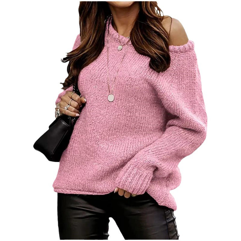 Women's Strapless Sexy Round Neck Pullover Solid Sweaters