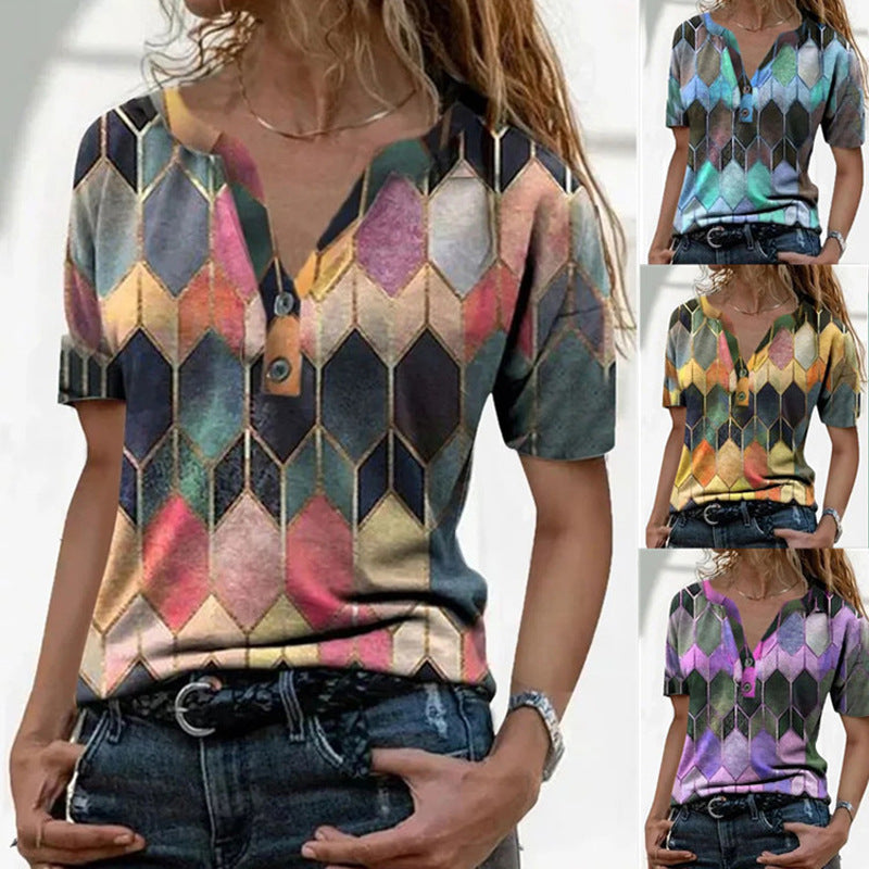 Women's Short-sleeved Printed Color V-neck T-shirt Loose Blouses