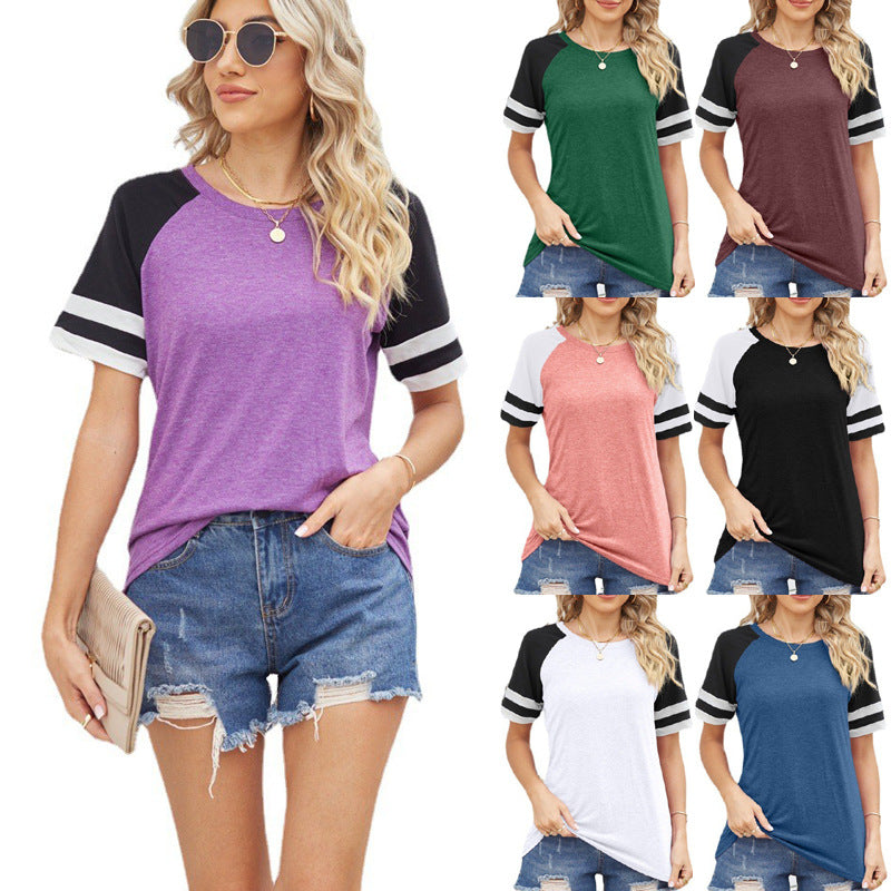 Women's Loose Striped Round Neck Patchwork Short-sleeved Blouses