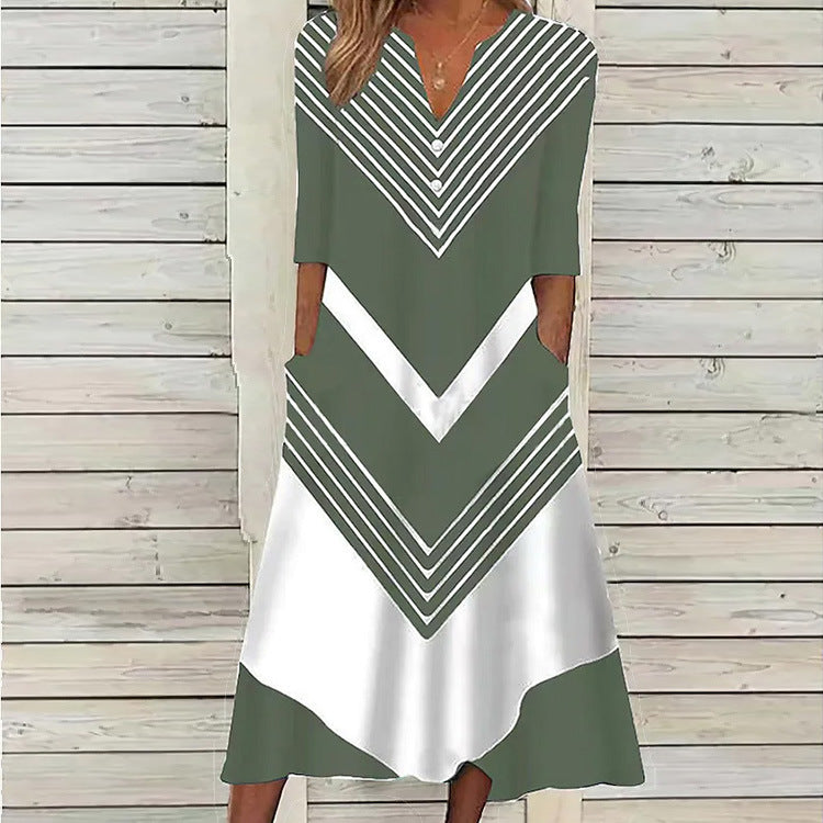 Women's Striped Half Sleeve Color-block V Neck Dresses