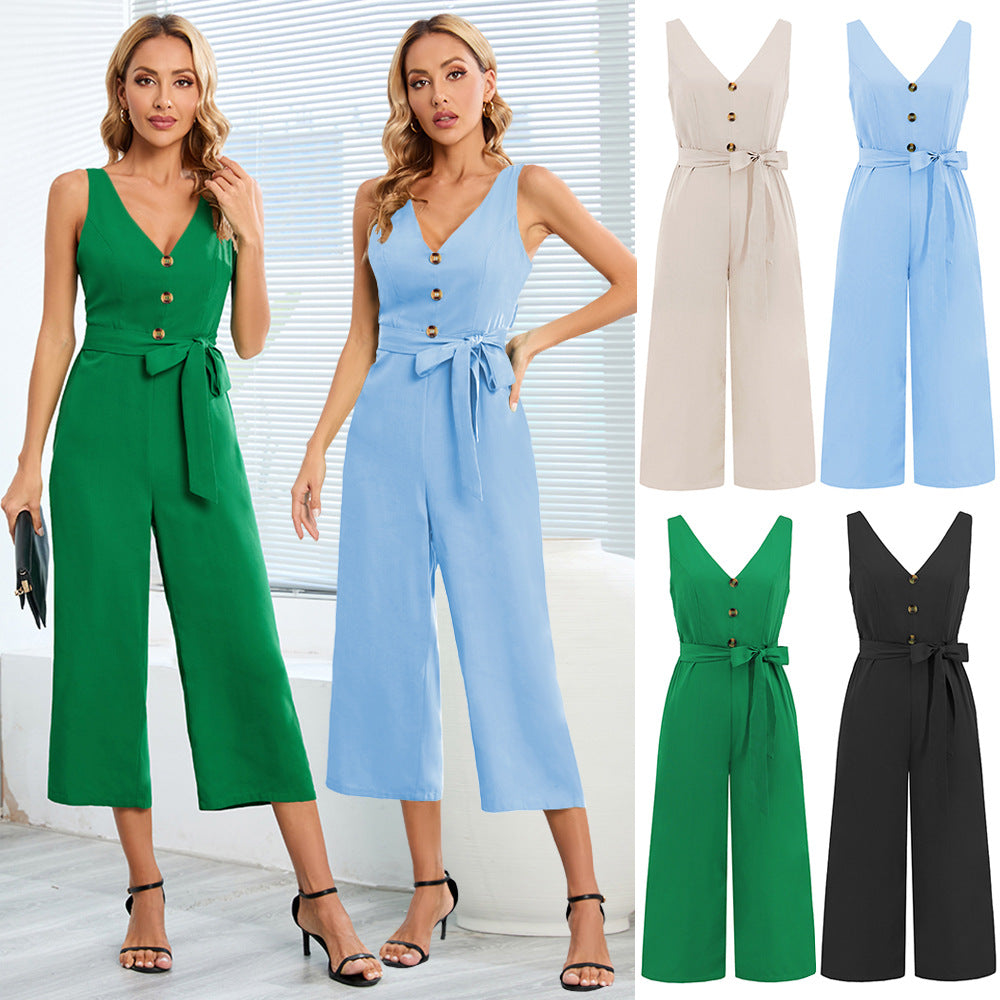 Women's Sleeveless V-neck Slim Fit Tied Straight Jumpsuits