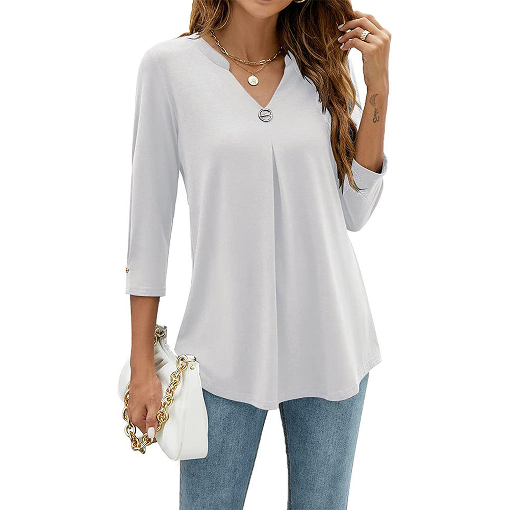 V-neck Three-quarter Sleeve Tight Decorative Buckle Pleated Blouses