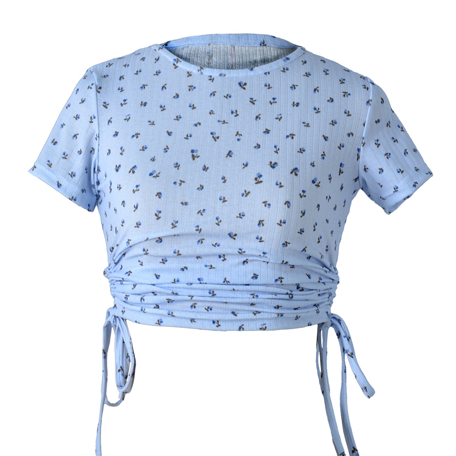 Women's Printed Short-sleeved T-shirt Drawstring Round Neck Blouses