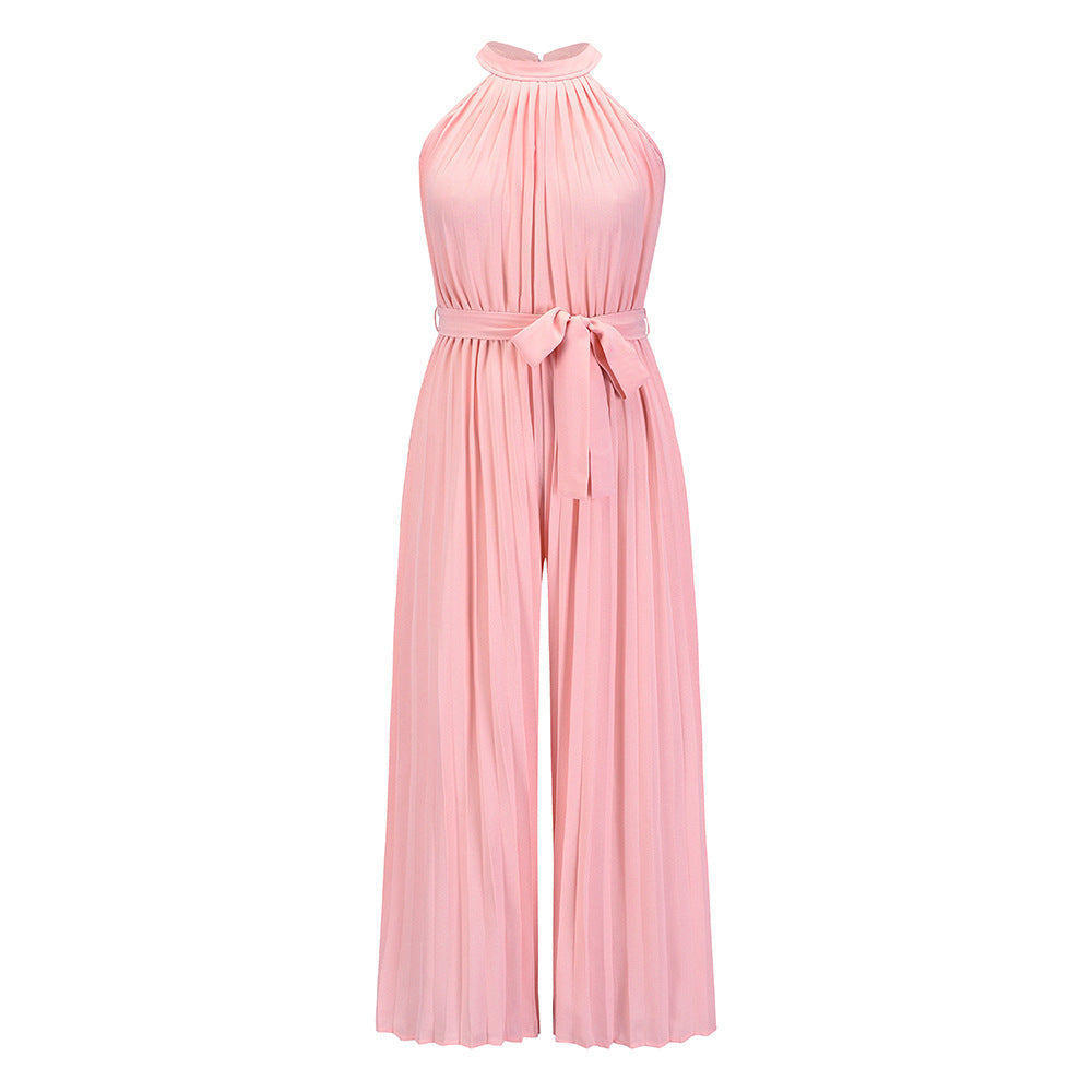 Solid Color Design Vacation Pleated Halter Jumpsuits