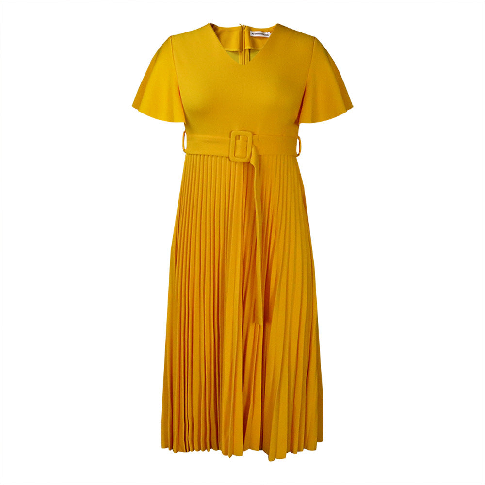 Cool Stylish V-neck Ruffle Pleated Dress Plus Size