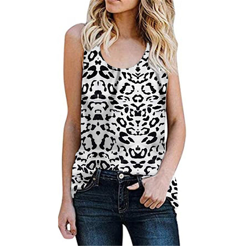 Women's Summer Casual Sleeveless Round Neck Leopard Print Floral Out Blouses