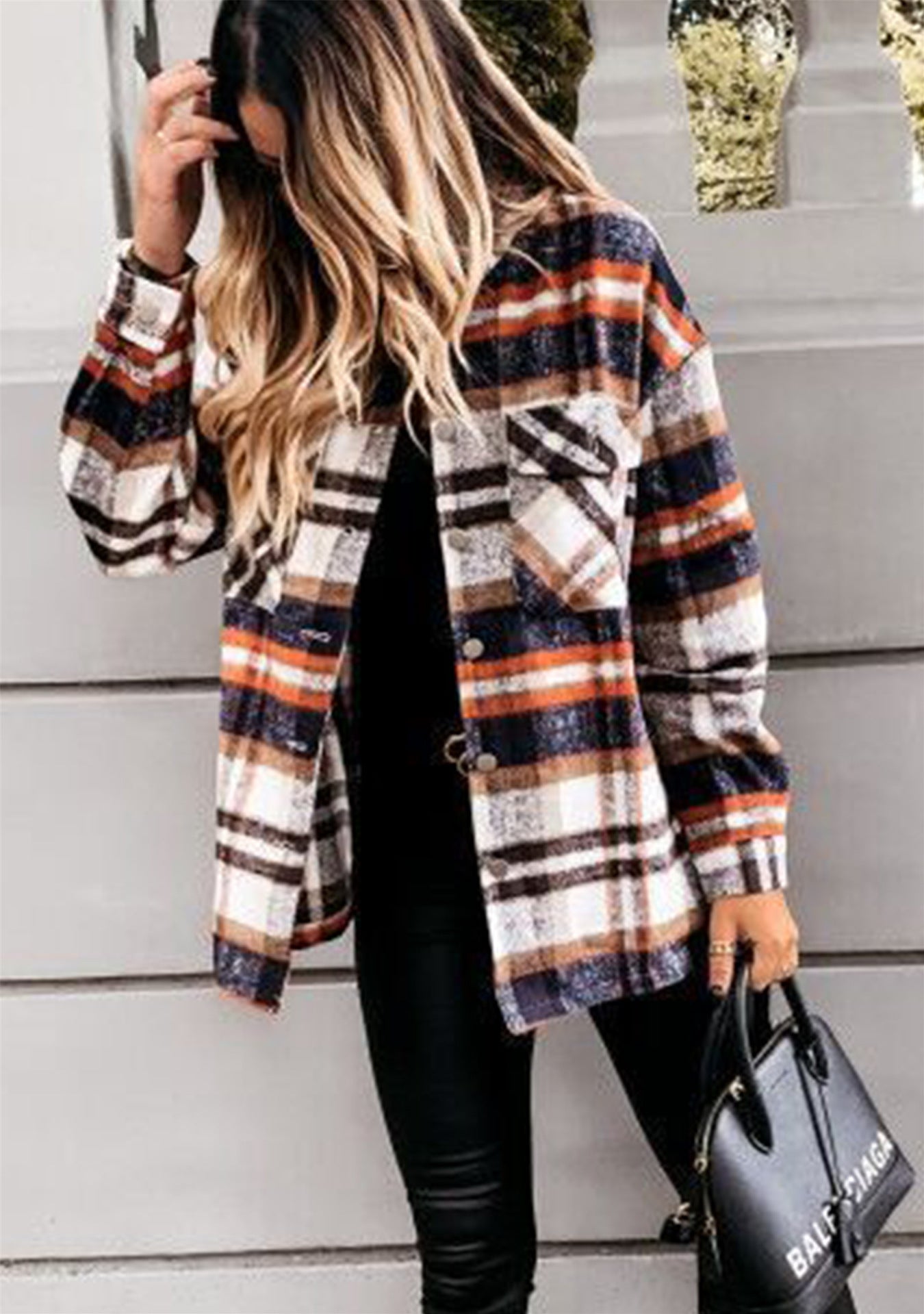 Women's Long Sleeve Large Pocket Loose Plaid Coats