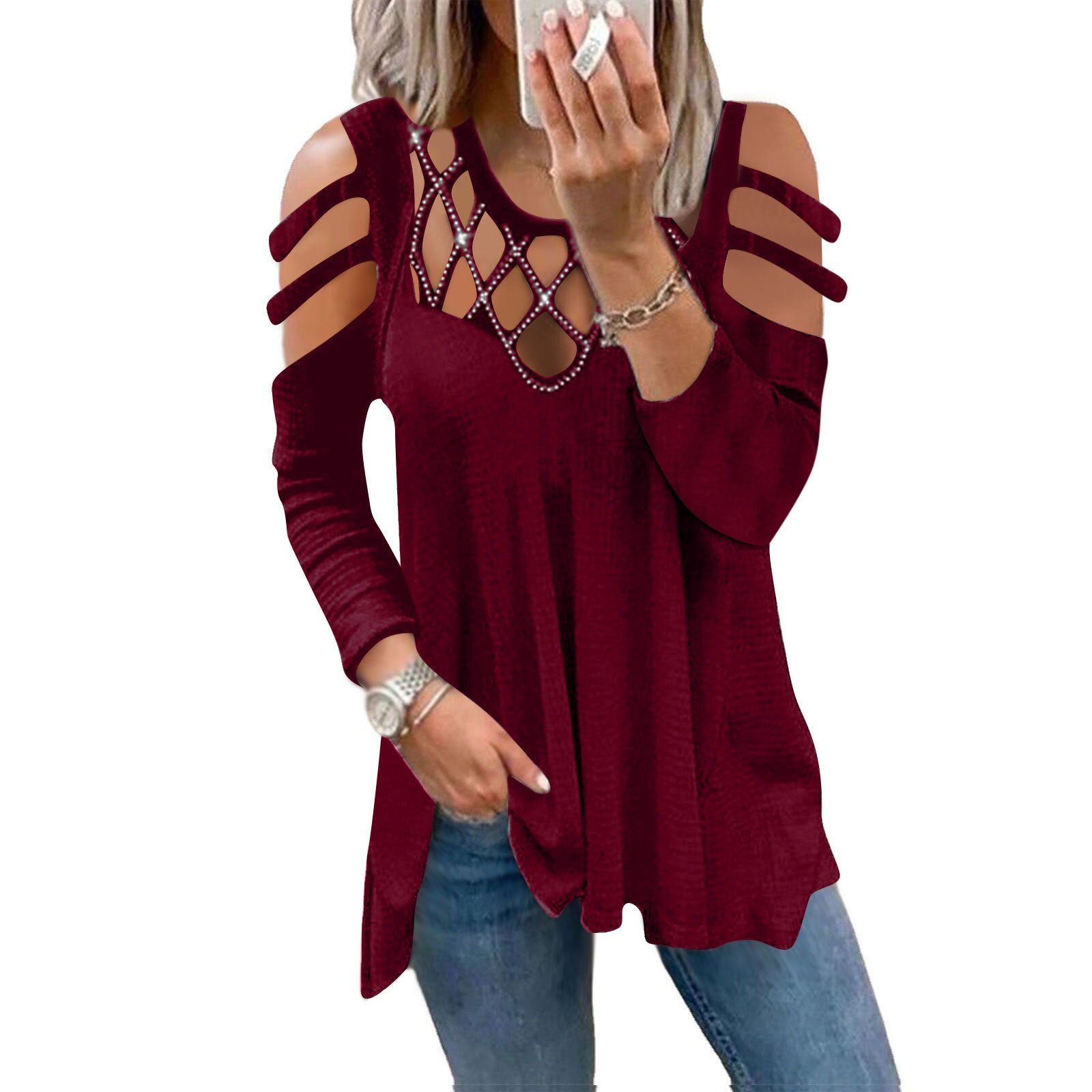 Women's V-neck Solid Color Off-the-shoulder Hollow-out Chest Blouses