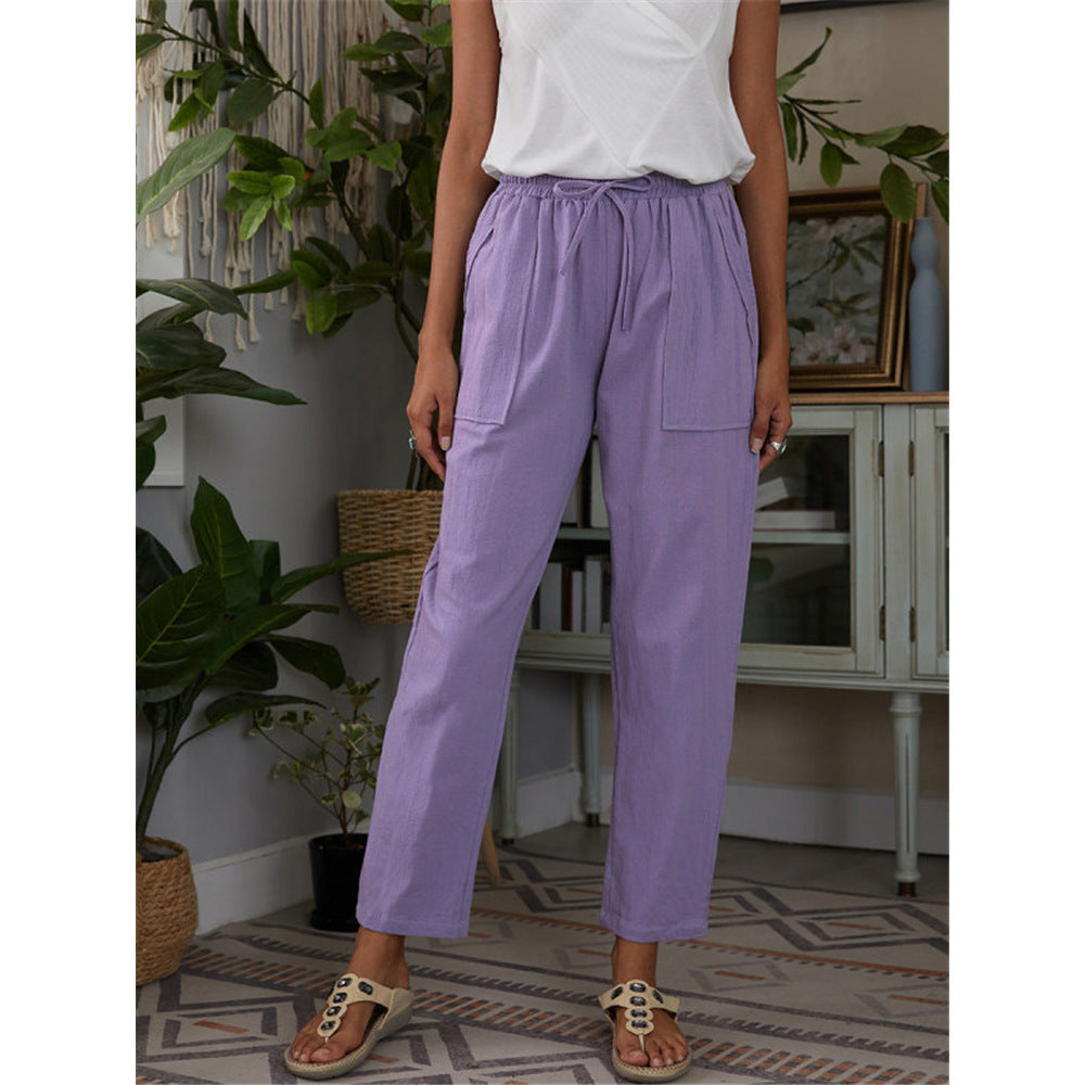 Women's Autumn Solid Color Large Pocket Elastic Waist Cotton Linen Pants