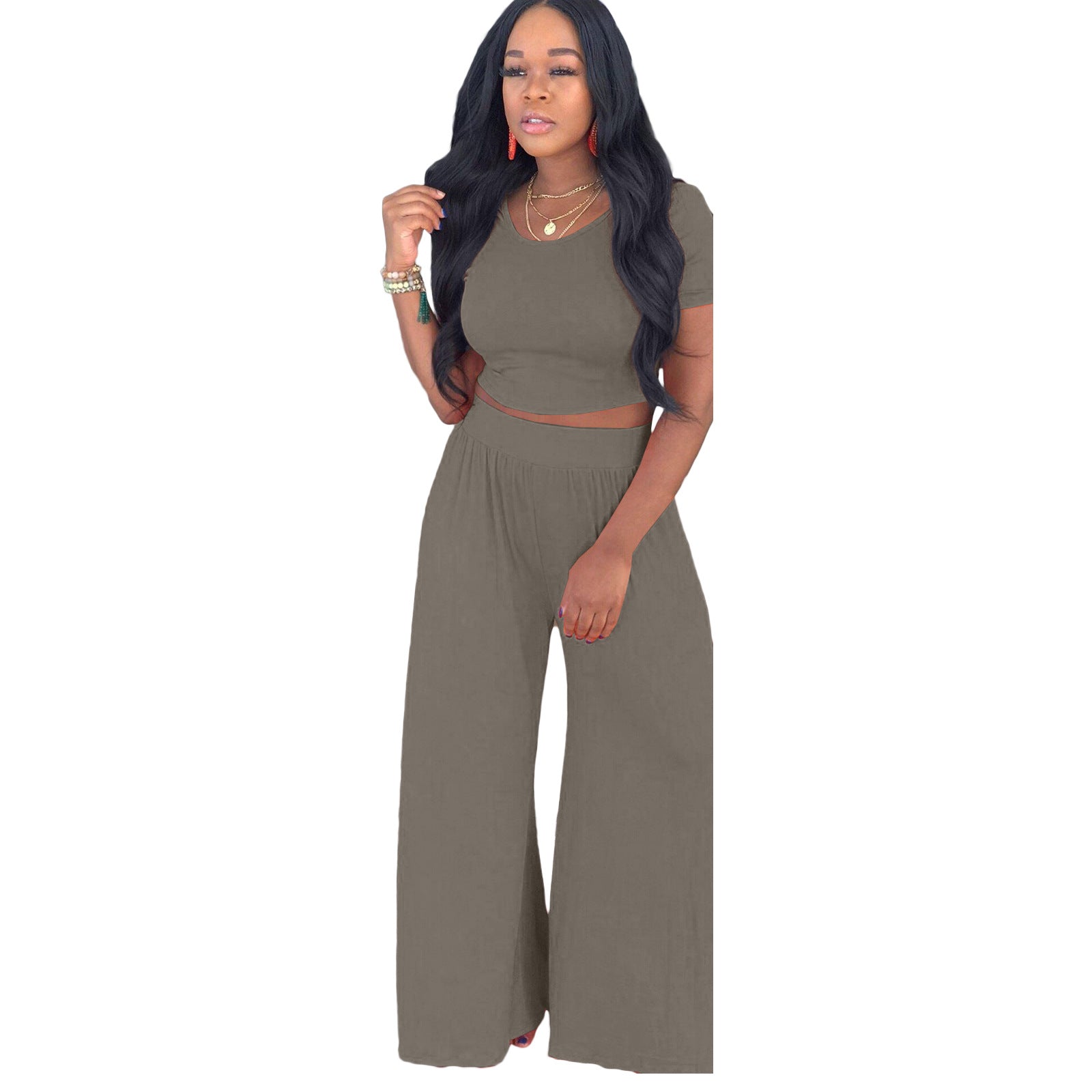 Slouchy Navel Solid Color Wide-leg Two-piece Suits