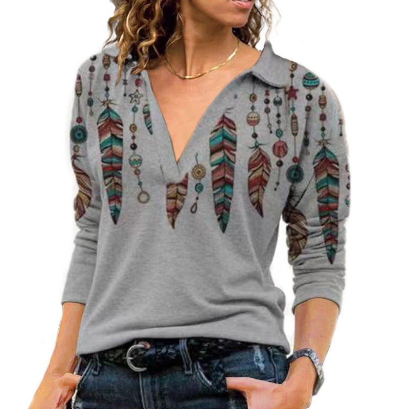 Women's Vintage Printed Lapel Long Sleeve T-shirt Blouses