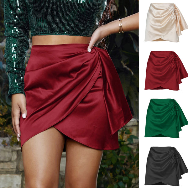 Women's Summer Irregular Zipper Pleated Solid Color Satin Skirts