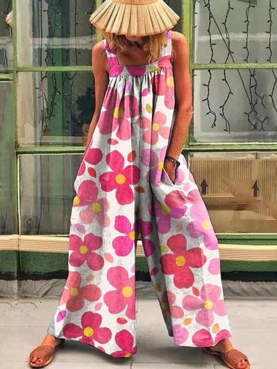 Women's Summer Large Printed Loose Wide Leg Jumpsuits