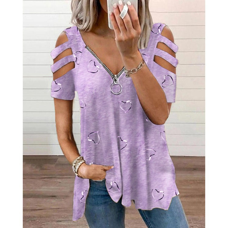 Women's Collar Zipper Print Sleeve Loose-fitting Blouses