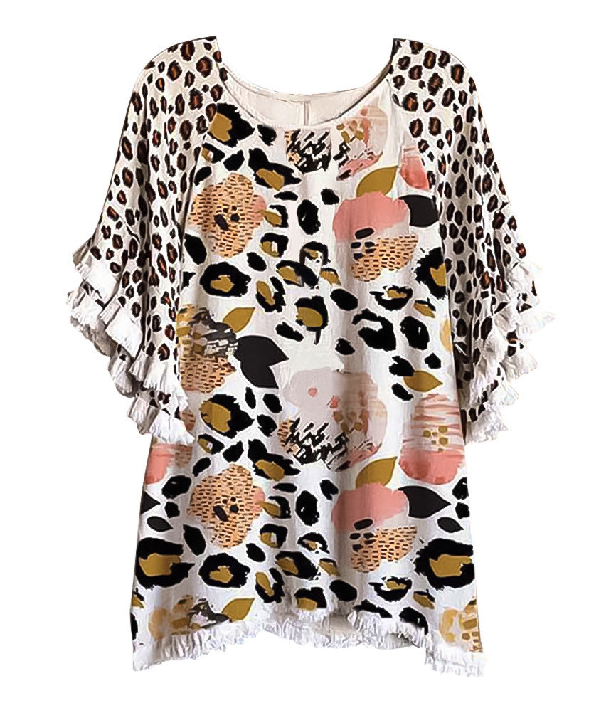 Women's Summer Floral Ruffle Sleeve Round Neck Multicolor Printing Loose Blouses