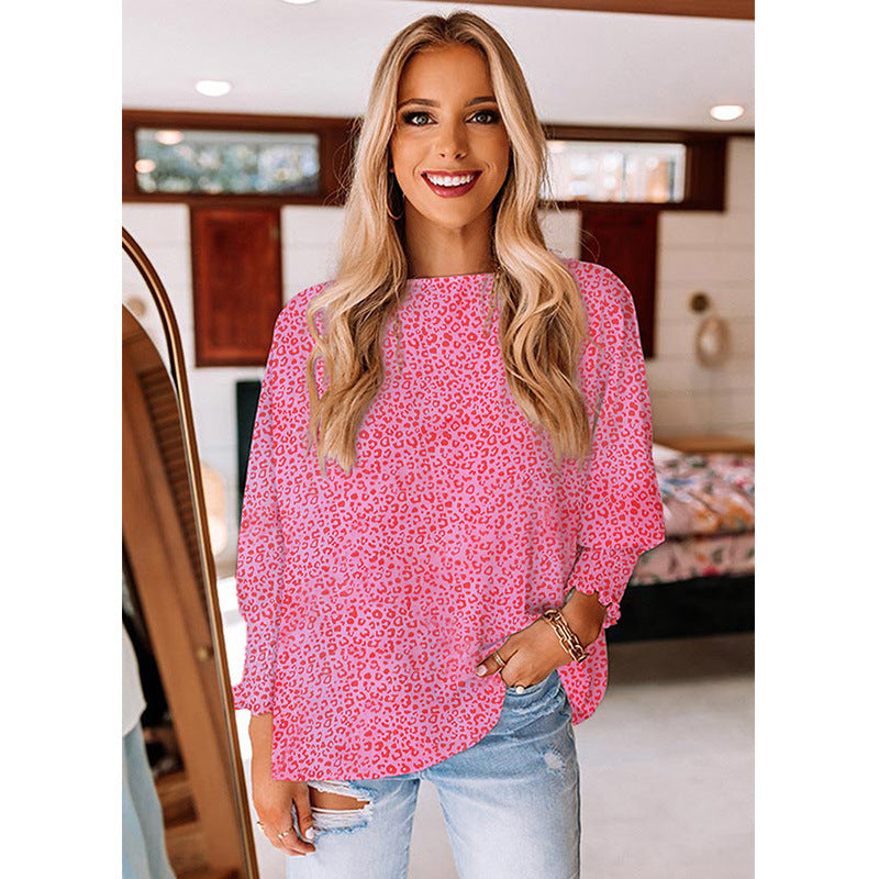 Women's Round Neck Printed Sleeve Loose Blouses