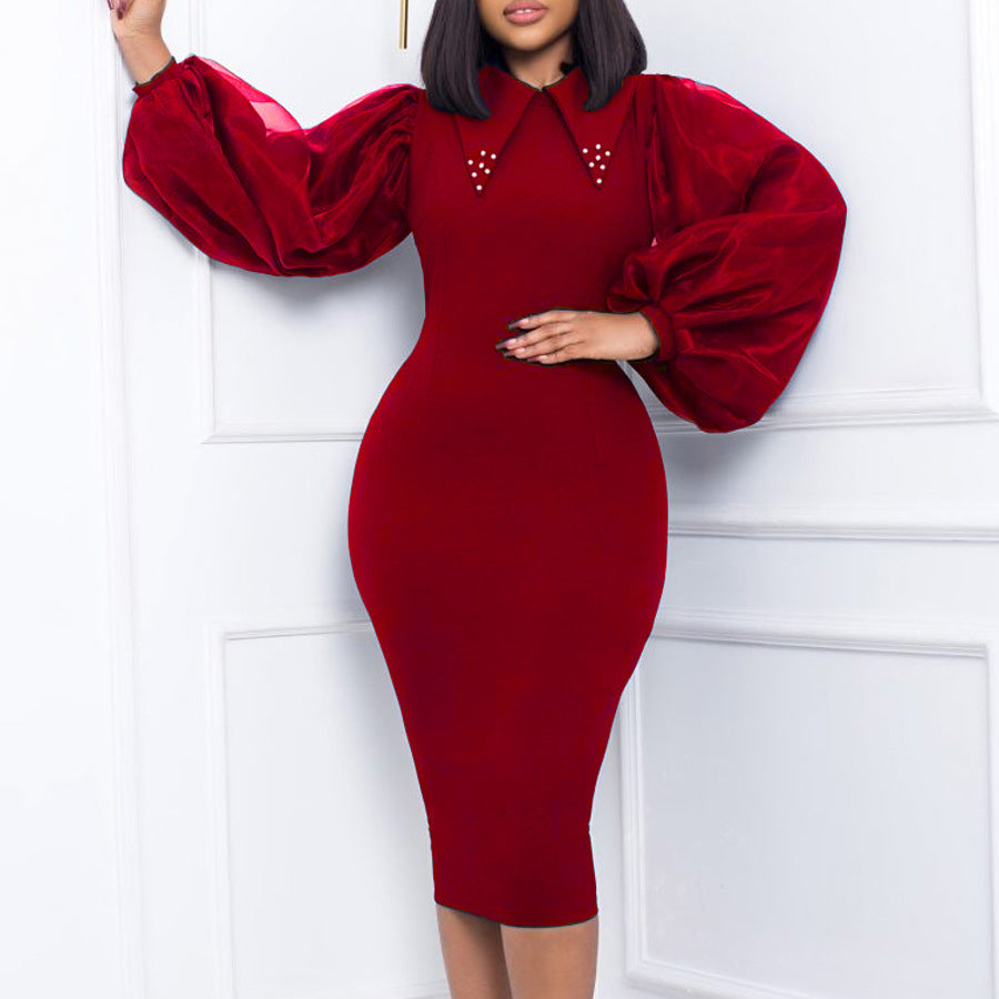 Women's Long Sleeve Beaded Mesh Stitching Pencil Dresses