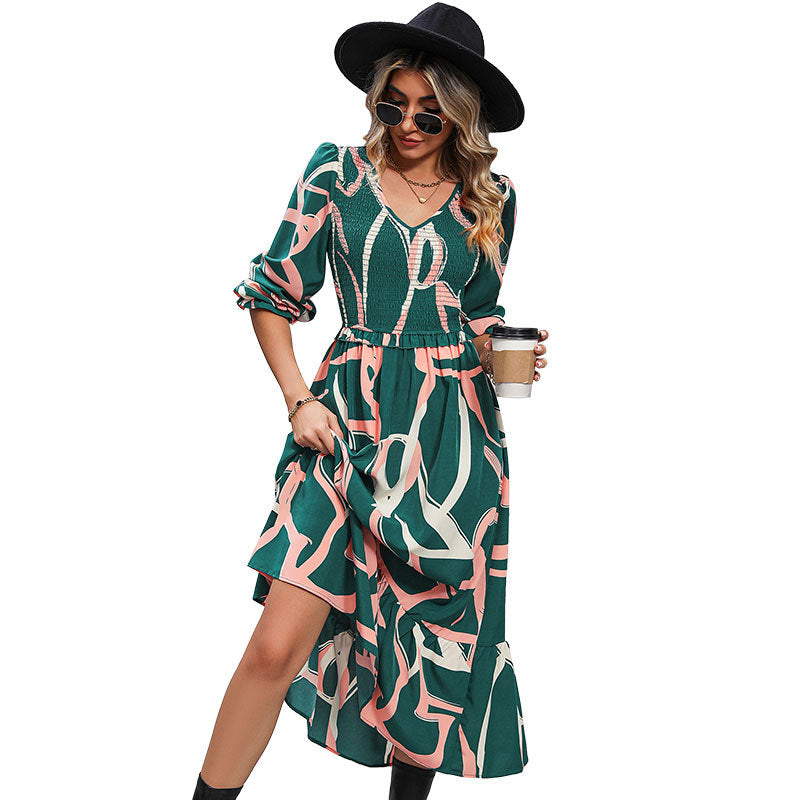 Women's Autumn Fashion Wear Printed Long-sleeved Dress Dresses