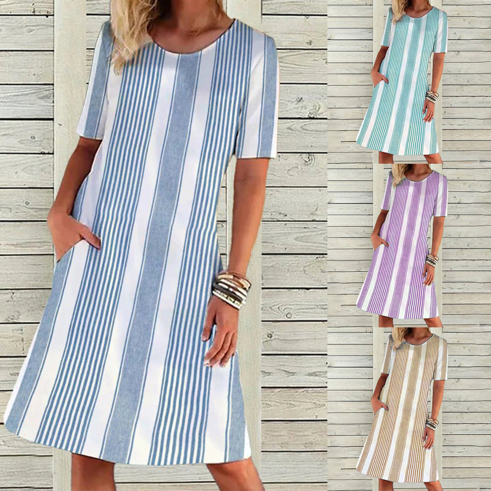 Women's Gradient Striped Positioning Printed Pocket Round Dresses