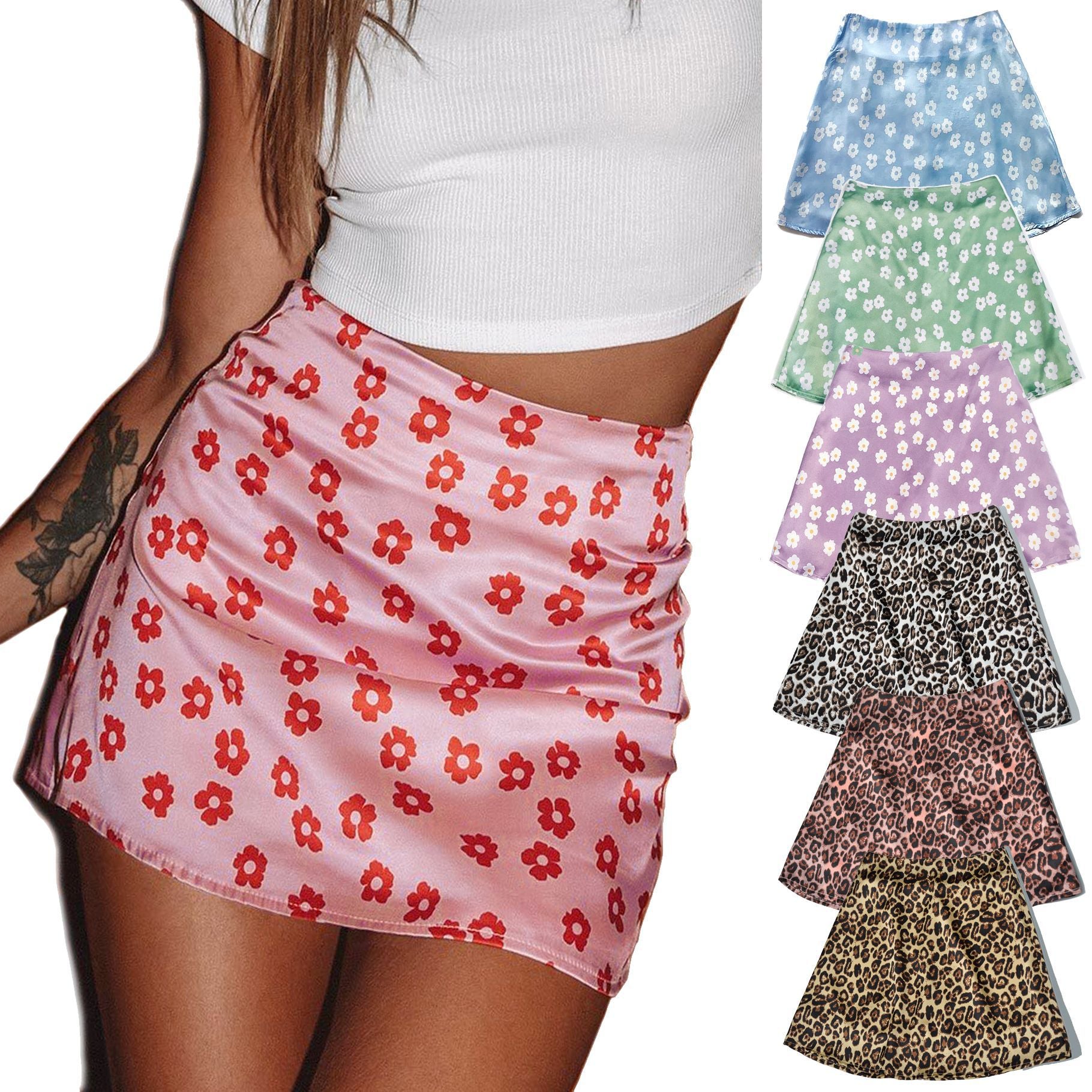 Women's High Waist Satin Printed Pink Small Flower Skirts