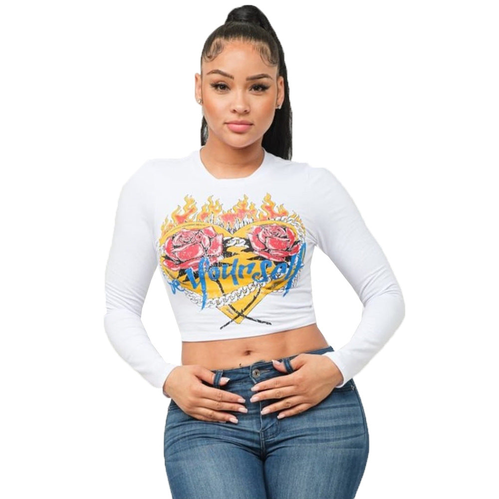 Women's Hot Round Neck T-shirt Versatile Tight Letter Blouses