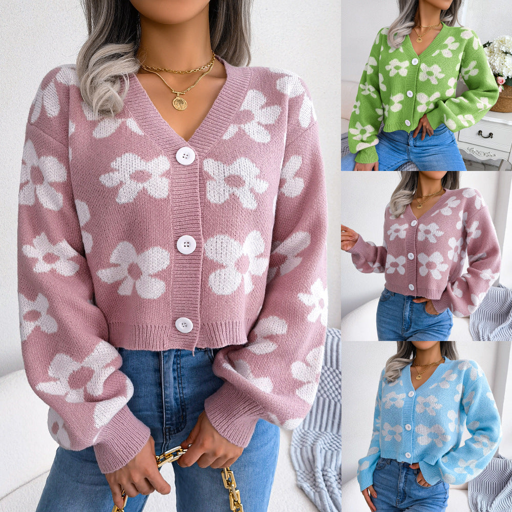 Women's Fashion Color Flower Lantern Sleeve Sweaters