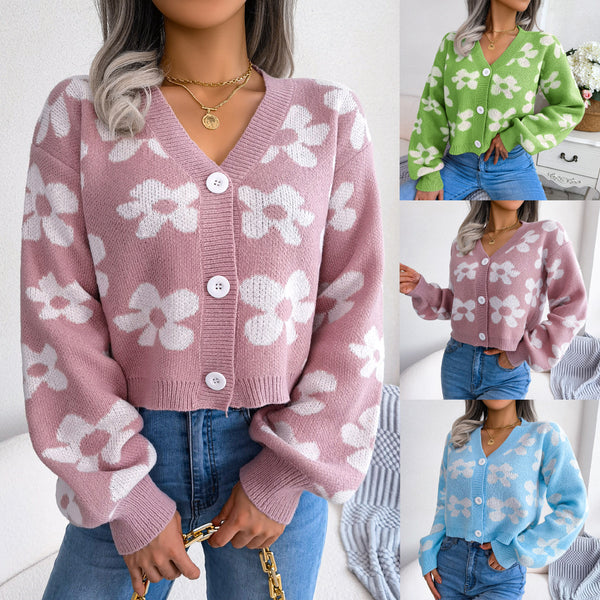 Damenmode-Pullover mit Blumenmuster und Laternenärmeln