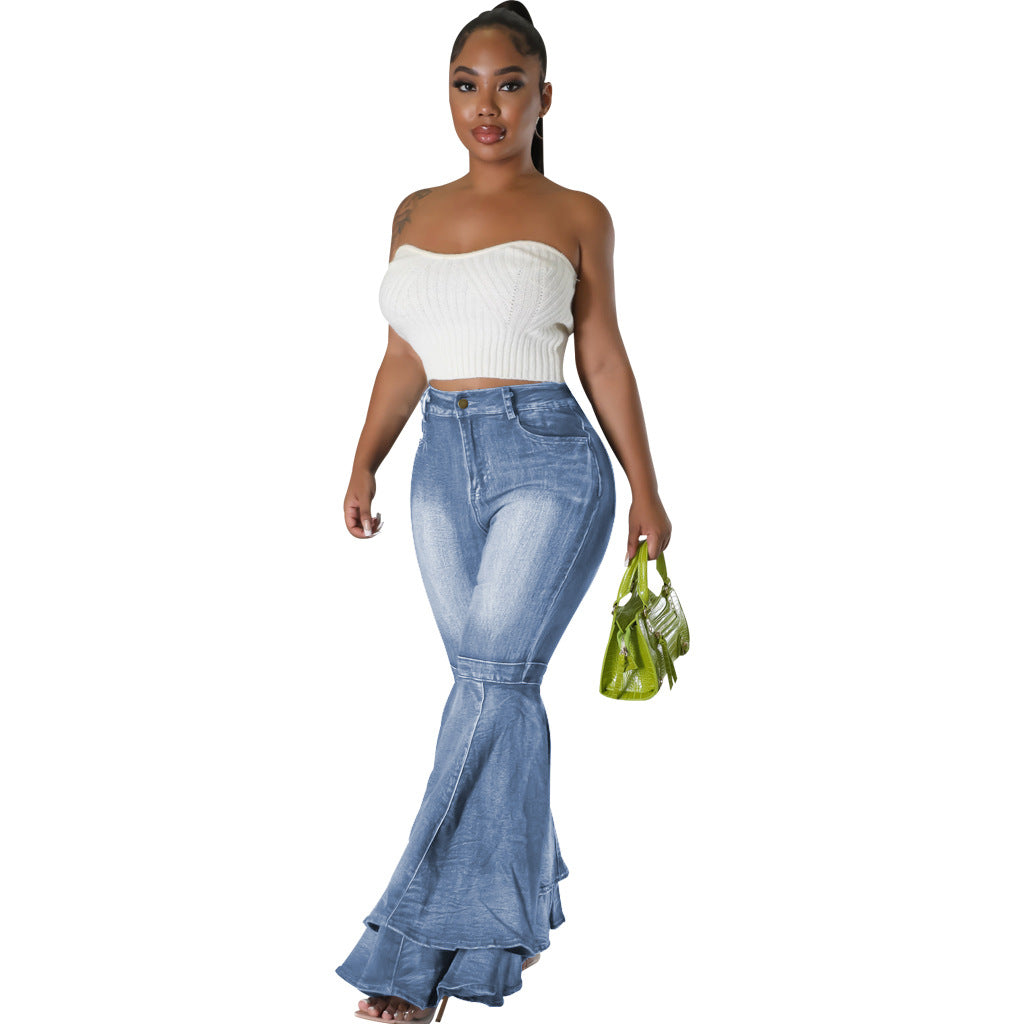 Fashionable All-match Wide-leg Washed Stretch Flared Jeans