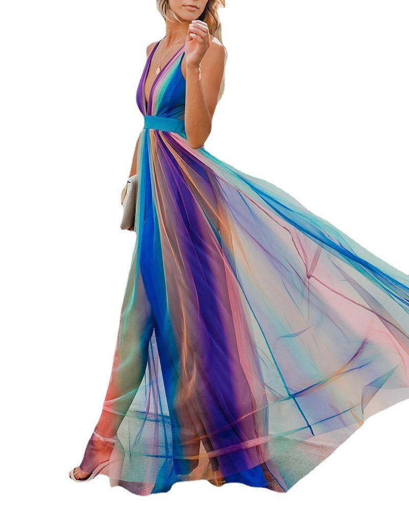 Female Sexy Suspenders Deep Rainbow Blue Print Mesh Camisole Chiffon Dresses