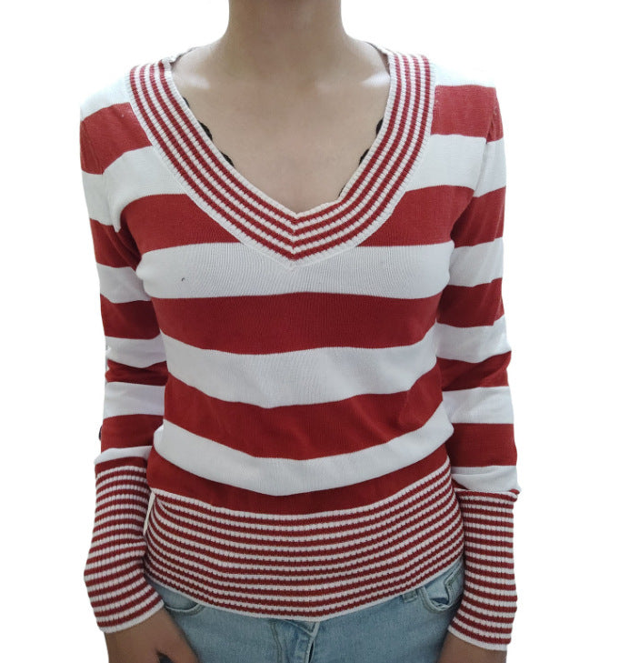 Women's Striped Peach Collar Tight Flared Sleeve Sweaters