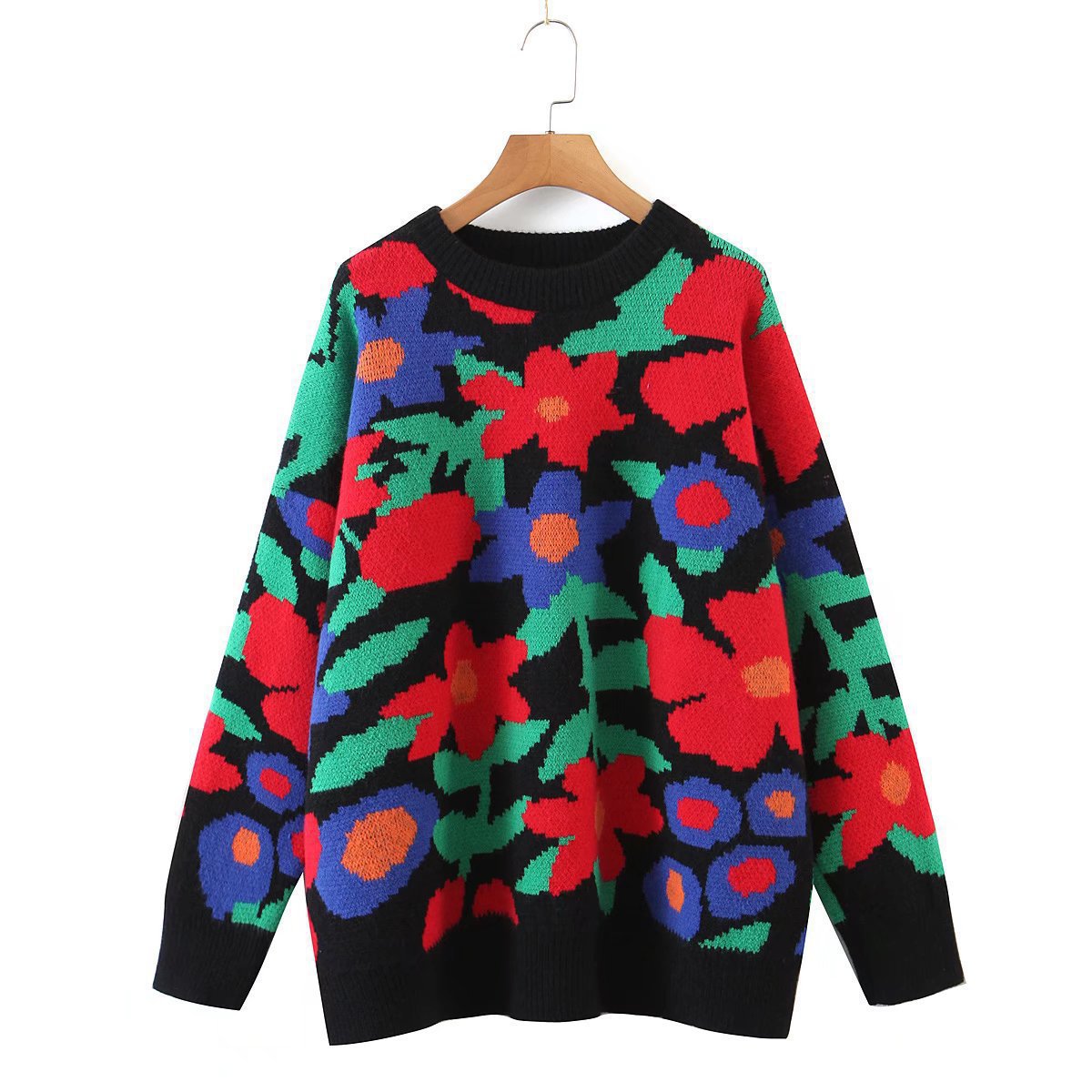 Women's Flower Embroidery Round Neck Loose Long Sleeves Sweaters